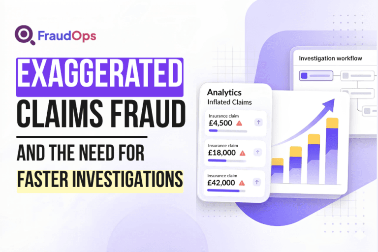 Isometric illustration of exaggerated insurance claims fraud showing inflated UK claim values, analytics dashboard, and SIU investigation workflow.