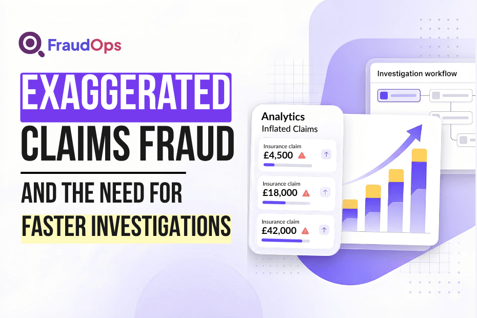 Isometric illustration of exaggerated insurance claims fraud showing inflated UK claim values, analytics dashboard, and SIU investigation workflow.