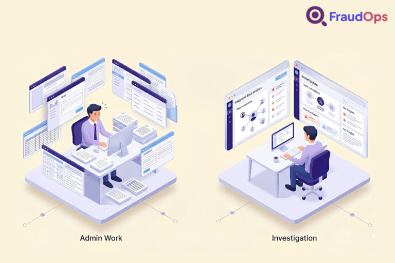 A split illustration comparing fraud investigator productivity where a fraud investigator is overwhelmed by admin work on the left, surrounded by multiple screens and stacks of paperwork, with a focused investigator on the right working efficiently through a single integrated fraud analysis platform.