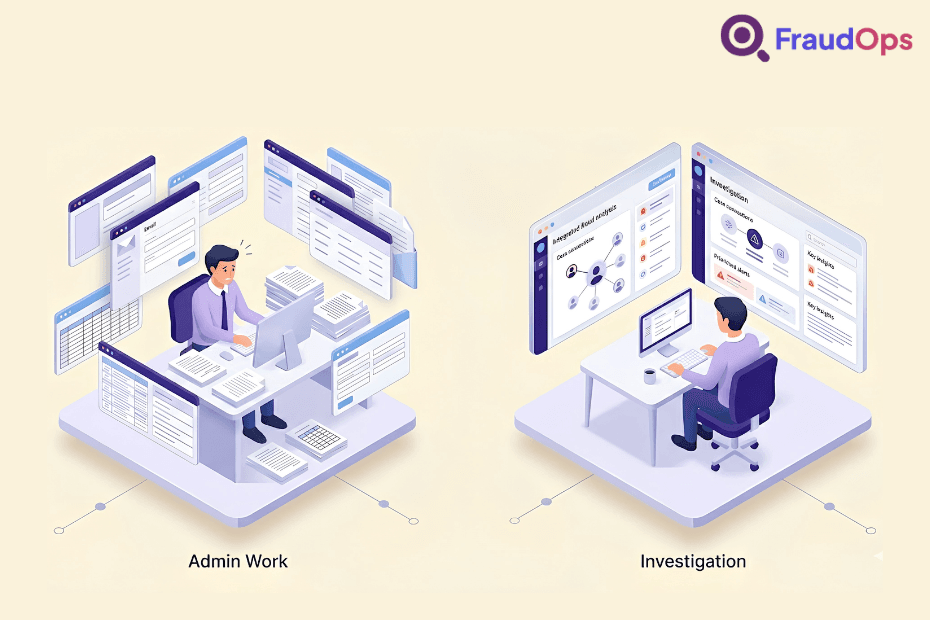 A split illustration comparing fraud investigator productivity where a fraud investigator is overwhelmed by admin work on the left, surrounded by multiple screens and stacks of paperwork, with a focused investigator on the right working efficiently through a single integrated fraud analysis platform.