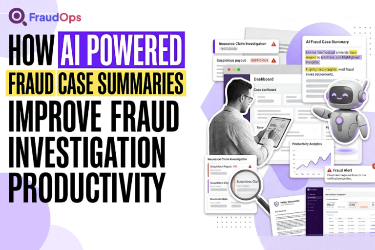 Illustration showing AI powered fraud case summaries improving fraud investigation productivity through automated reporting, dashboards, alerts, and investigation workflows.