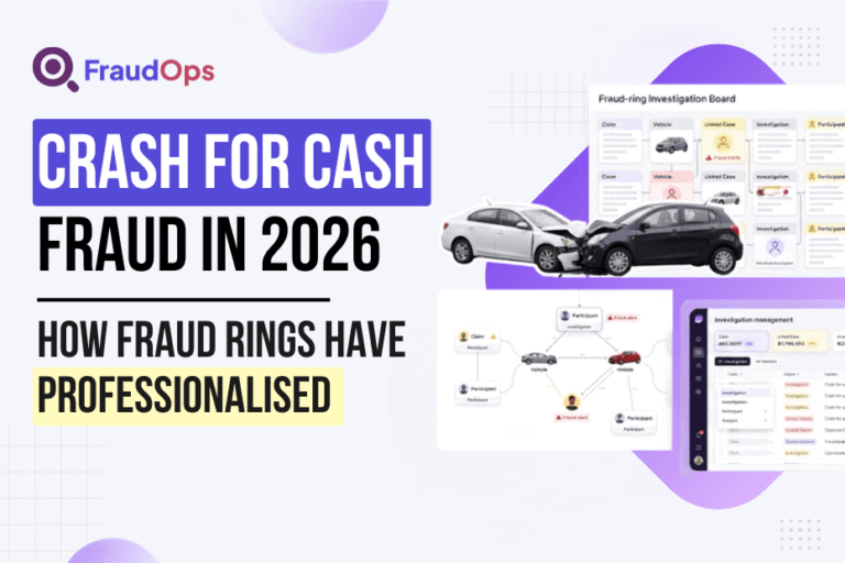SaaS-style graphic showing crash for cash fraud network with collision scene and investigation dashboard
