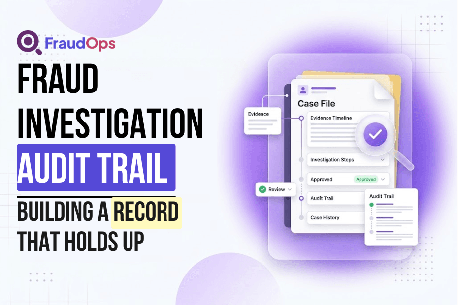 Fraud investigation audit trail timeline showing decisions, evidence and AI-assisted actions with human sign-off