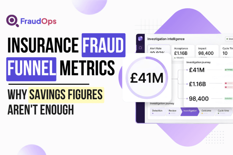 Insurance fraud metrics blog graphic showing a dashboard-style investigation intelligence panel with a £41M savings metric, investigation journey indicators, and highlighted text about why savings figures alone are not enough.
