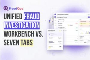 Graphic showing comparision between a unified fraud investigation workbench and seven tabs.