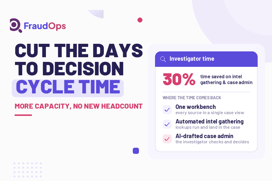 Cutting fraud investigation cycle time without adding headcount: FraudOps reports a 30% time saving on intel gathering and case admin.